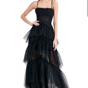 BCBGMAXARIA Sheer Tiered Ruffle Gown, size 10, black.